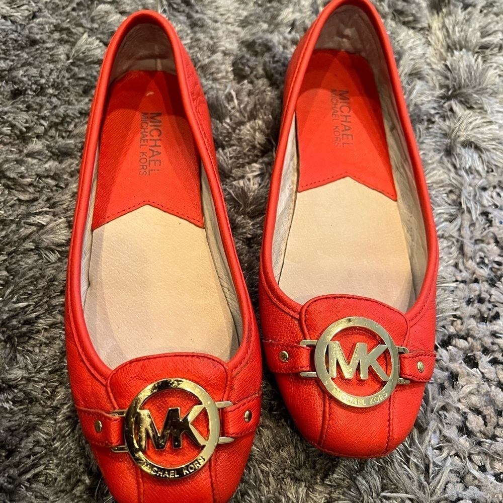 MICHAEL KORS Fulton MK Red Flat Moccasins Gold Logo Moc Women’s
